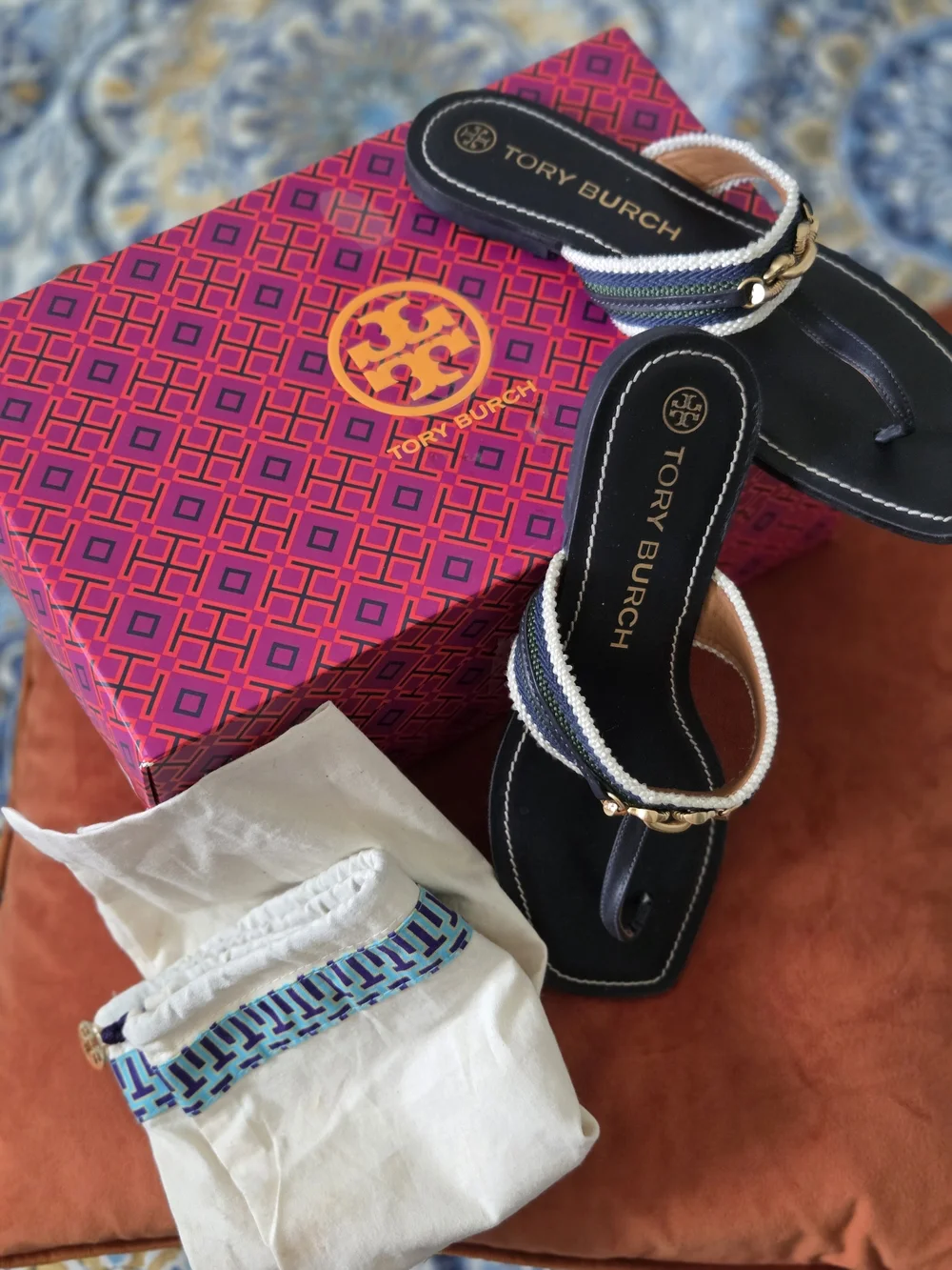 Tory Burch Navy Braided-Trim Chain Thong Sandals